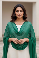 Woman wearing a green scarf over a white top with a neutral background. Product by Umaid Couture