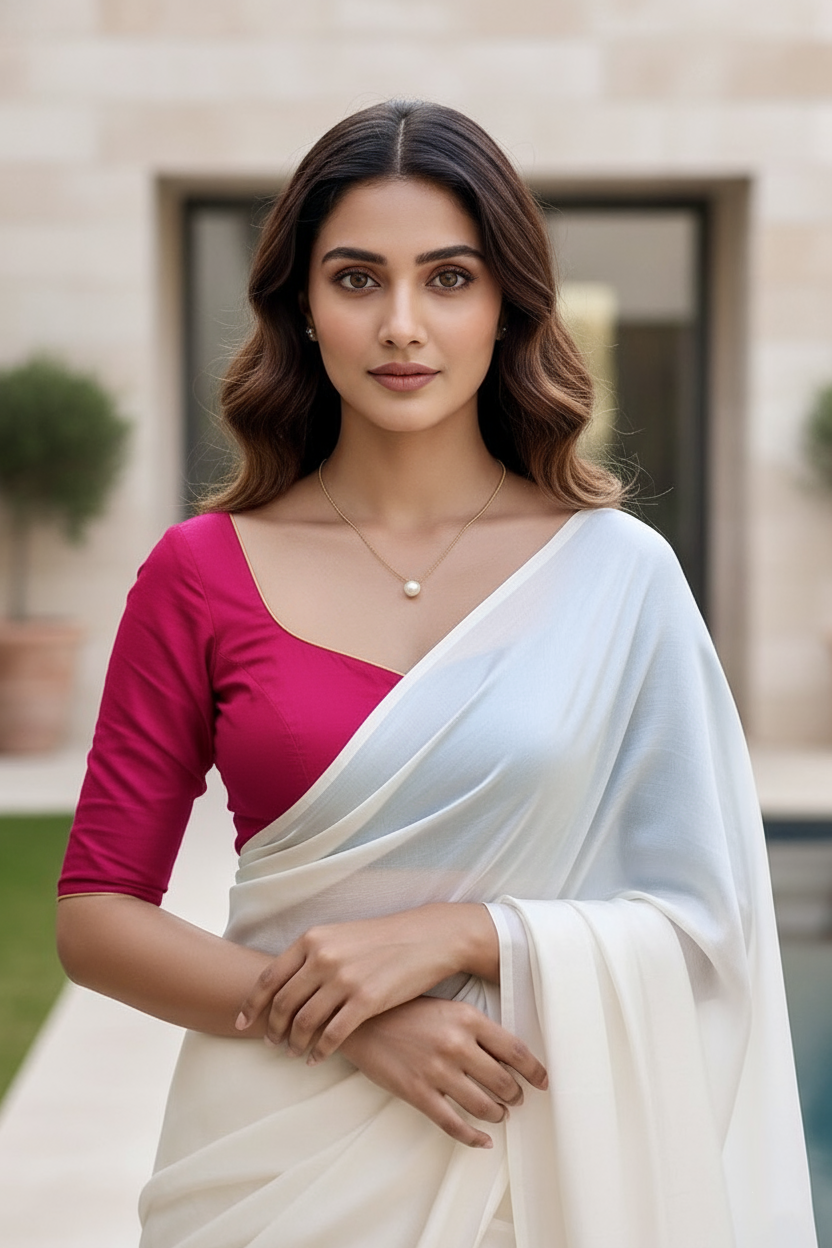 Woman wearing a pink blouse and white saree outdoors. product by Umaid Couture