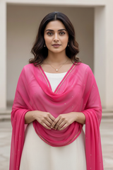 Woman wearing a pink dupatta over a white outfit with a neutral background.product by Umaid Couture.