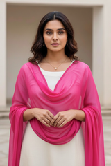 Woman wearing a bright pink scarf over a white outfit, standing against a neutral .product by Umaid Couture.