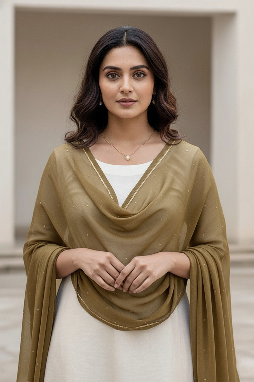 Woman wearing a beige shawl over a white outfit with a neutral background. product by Umaid Couture