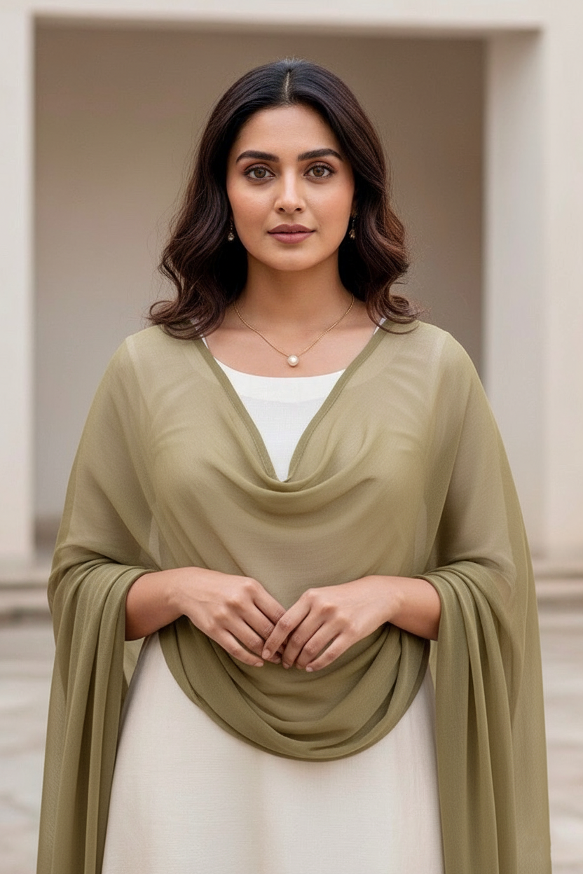 Woman wearing a green scarf over a white top in an indoor setting. Product by Umaid Couture