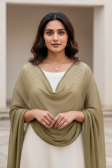 Woman wearing a green scarf over a white top in an indoor setting. Product by Umaid Couture