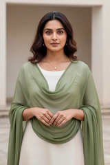 Woman wearing a green scarf over a white top in an indoor setting. Product by Umaid Couture