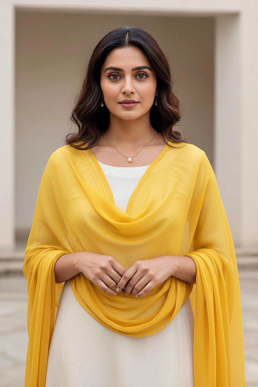 Woman wearing a dupatta over a white outfit by Umiad Couture with a neutral background