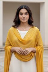 Woman wearing a dupatta over a white outfit by Umiad Couture with a neutral background