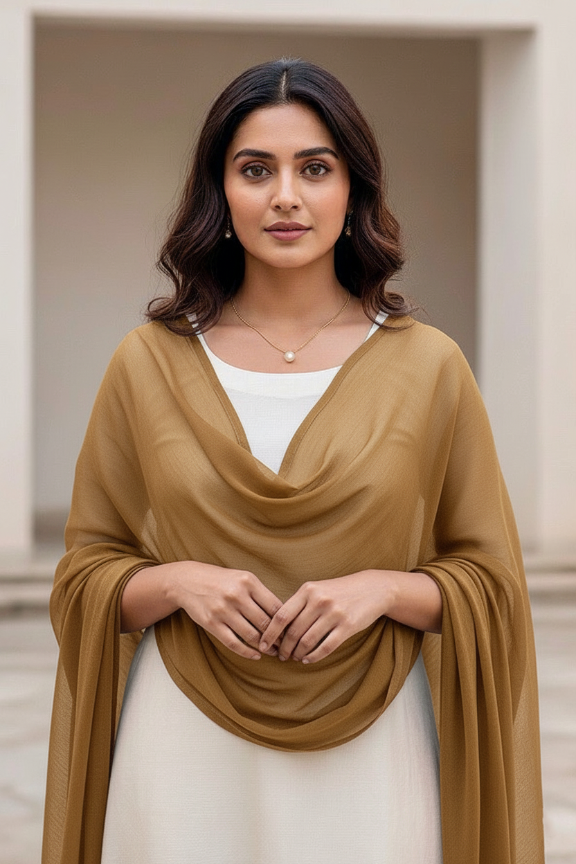 Woman wearing a brown scarf over a white top with a neutral background. Product by Umaid Couture.