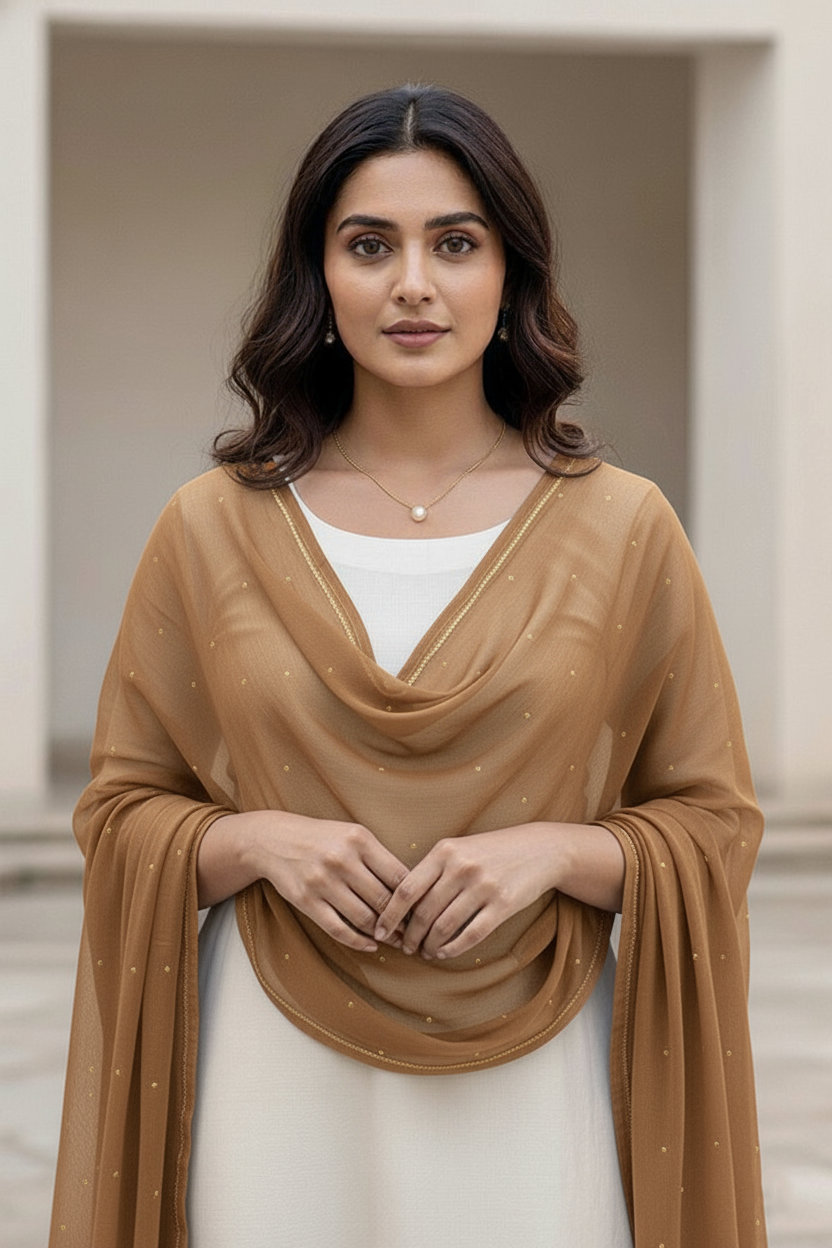 Woman wearing a brown scarf over a white top in an outdoor setting. Product by Umaid Couture.