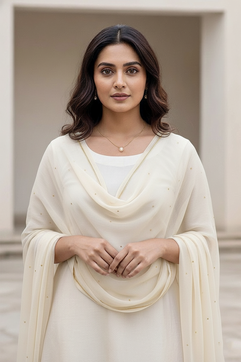 Woman wearing a dupatta over a white outfit by Umiad Couture with a neutral background
