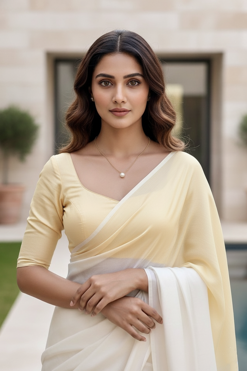 Woman wearing a light yellow saree with a blurred background. Product by Umaid Couture.