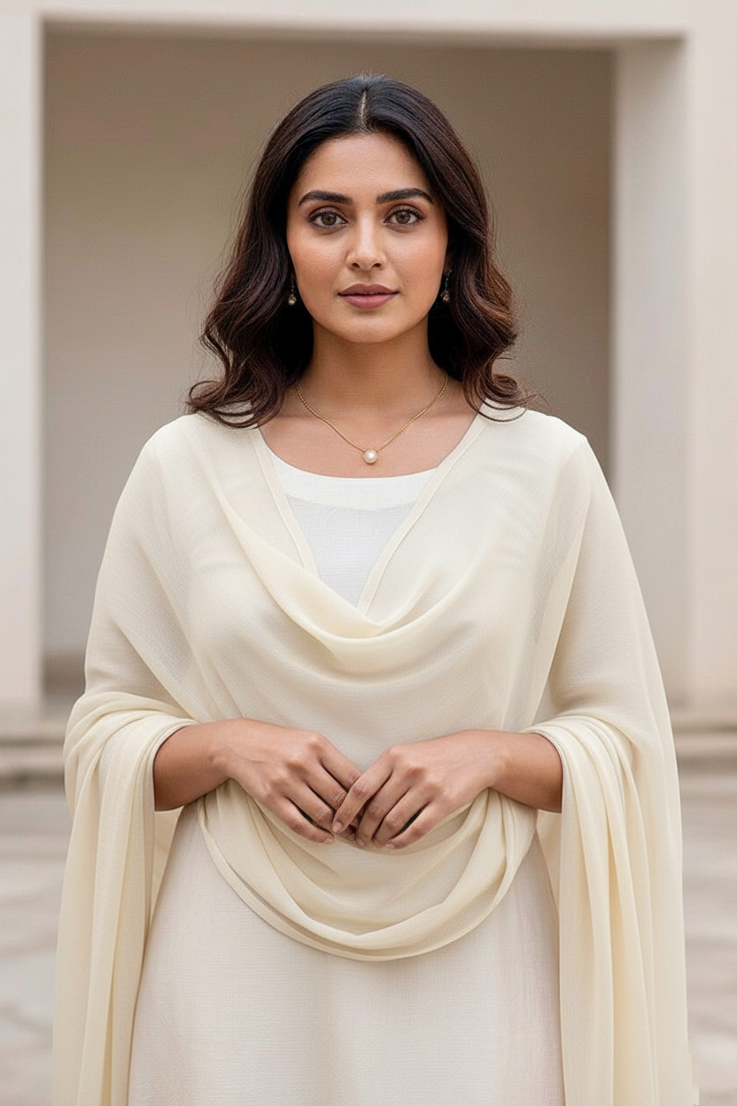 Woman wearing a dupatta over a white outfit by Umiad Couture with a neutral background