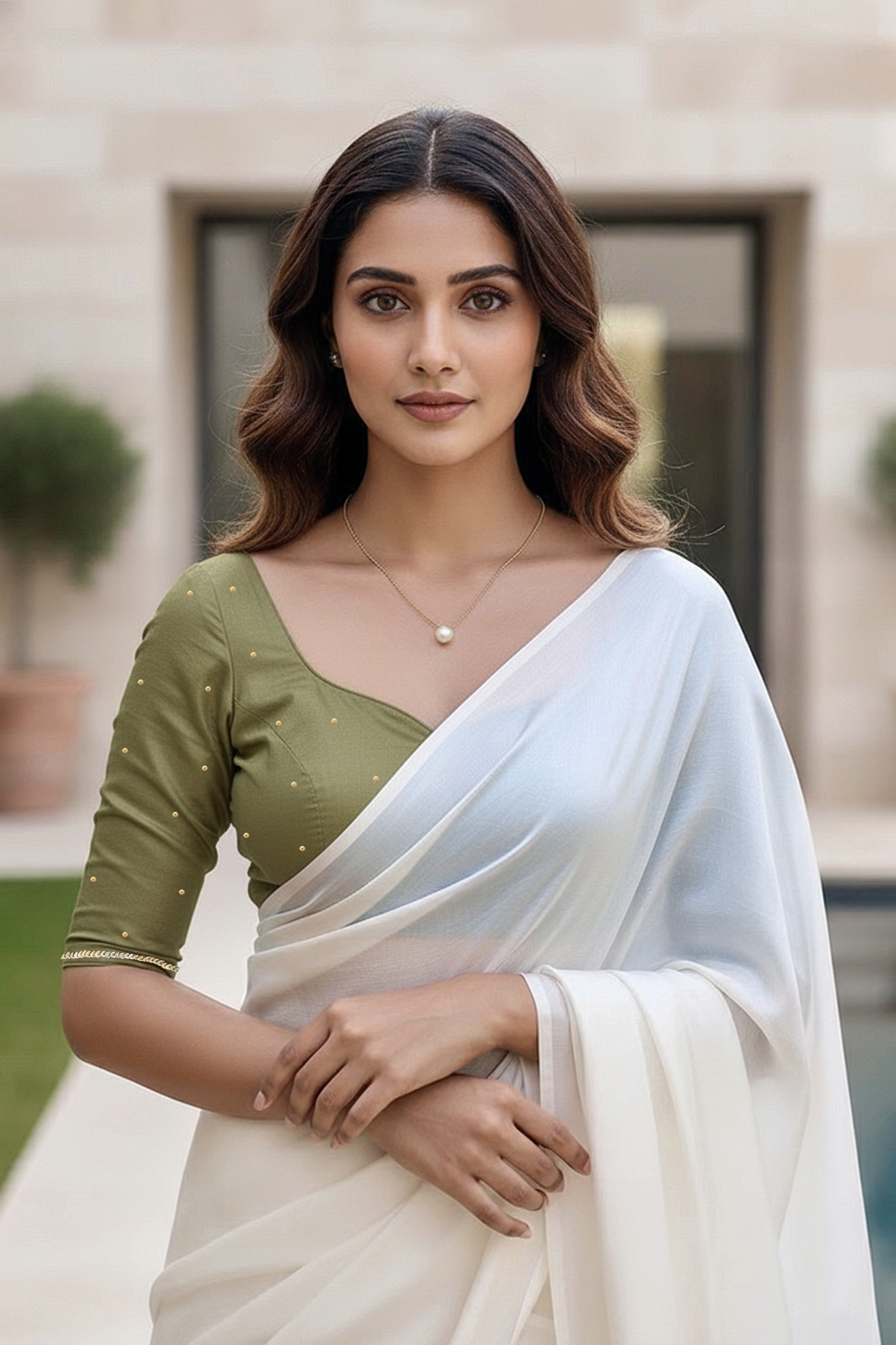Woman wearing a green blouse and white saree with a blurred background. Product by Umaid Couture
