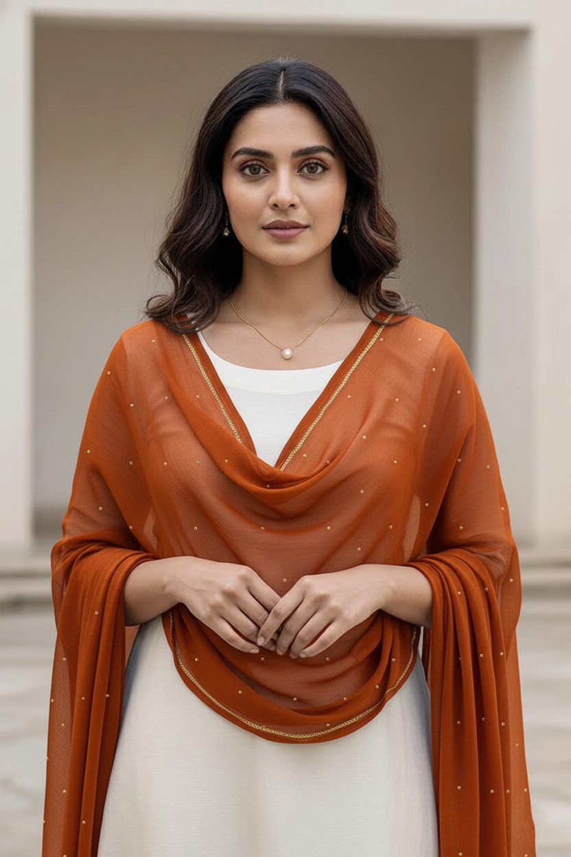 Woman wearing a dupatta over a white outfit by Umiad Couture with a neutral background