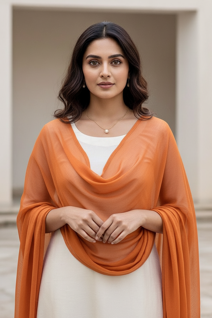 Woman wearing an orange scarf over a white top by Umiad Couture with a neutral background