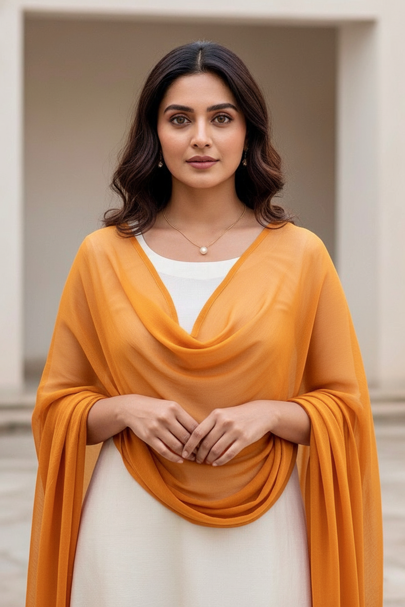 Woman wearing an orange scarf over a white outfit with a neutral background. Product by Umaid Couture