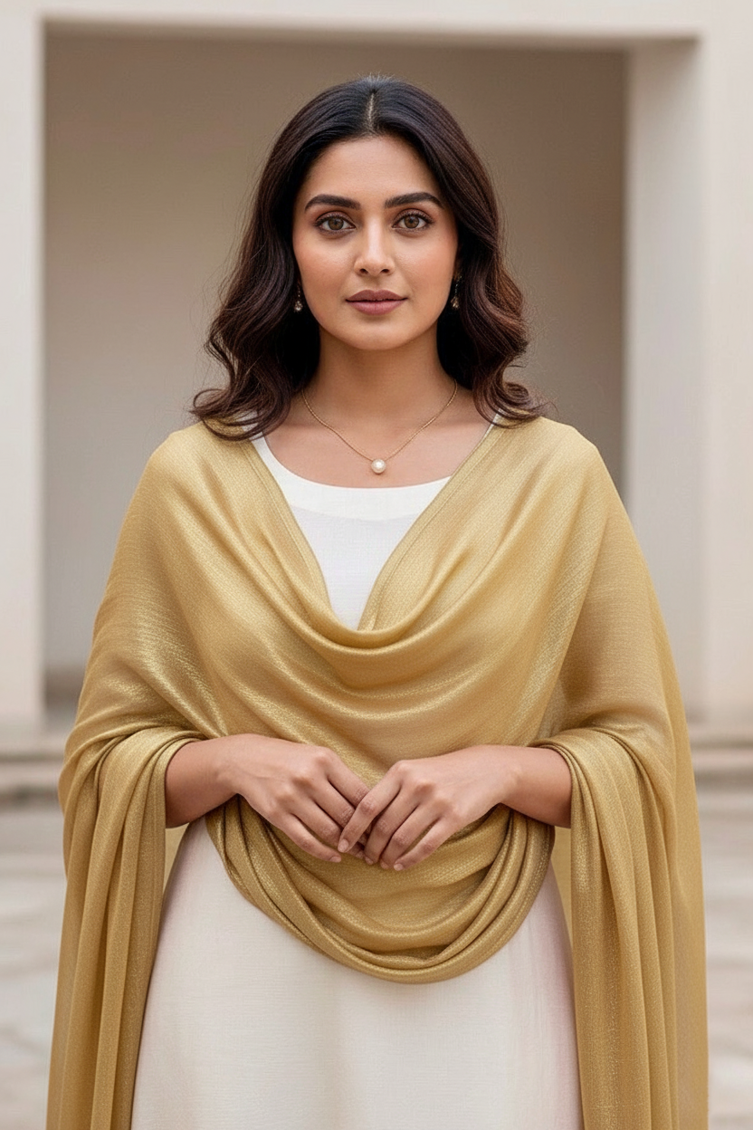 Woman wearing a gold scarf over a white outfit with a neutral background. Product by Umaid Couture