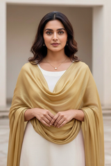 Woman wearing a gold scarf over a white outfit with a neutral background. Product by Umaid Couture