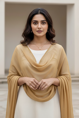 Woman wearing a beige Dupatta over a white outfit with a neutral background. product by Umaid Couture