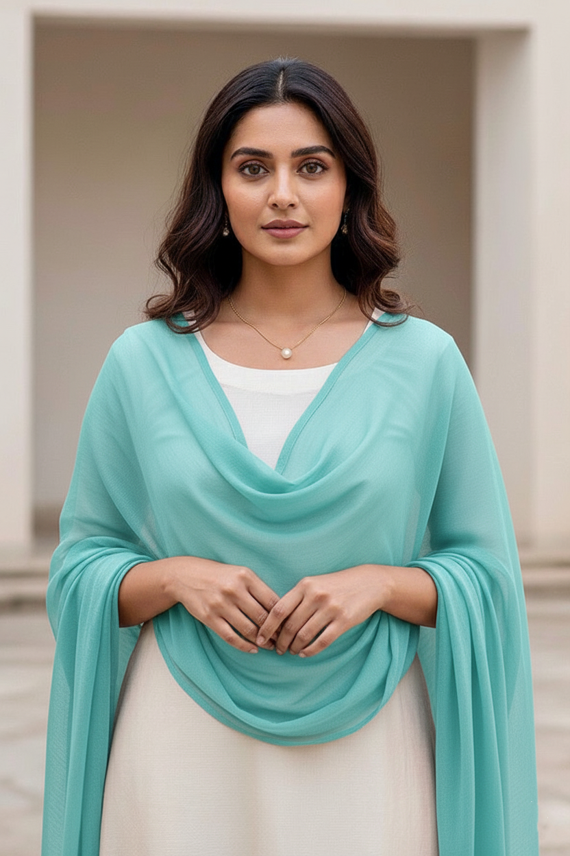 Woman wearing a light blue scarf over a white top with a neutral background. Product by Umaid Couture.
