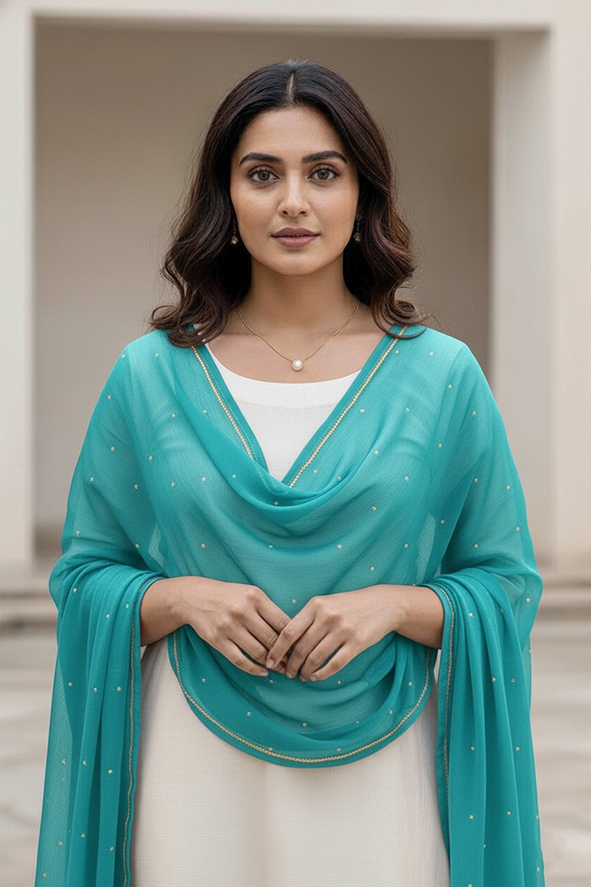 Woman wearing a teal dupatta over a white outfit with a neutral background. Product by Umaid Couture.