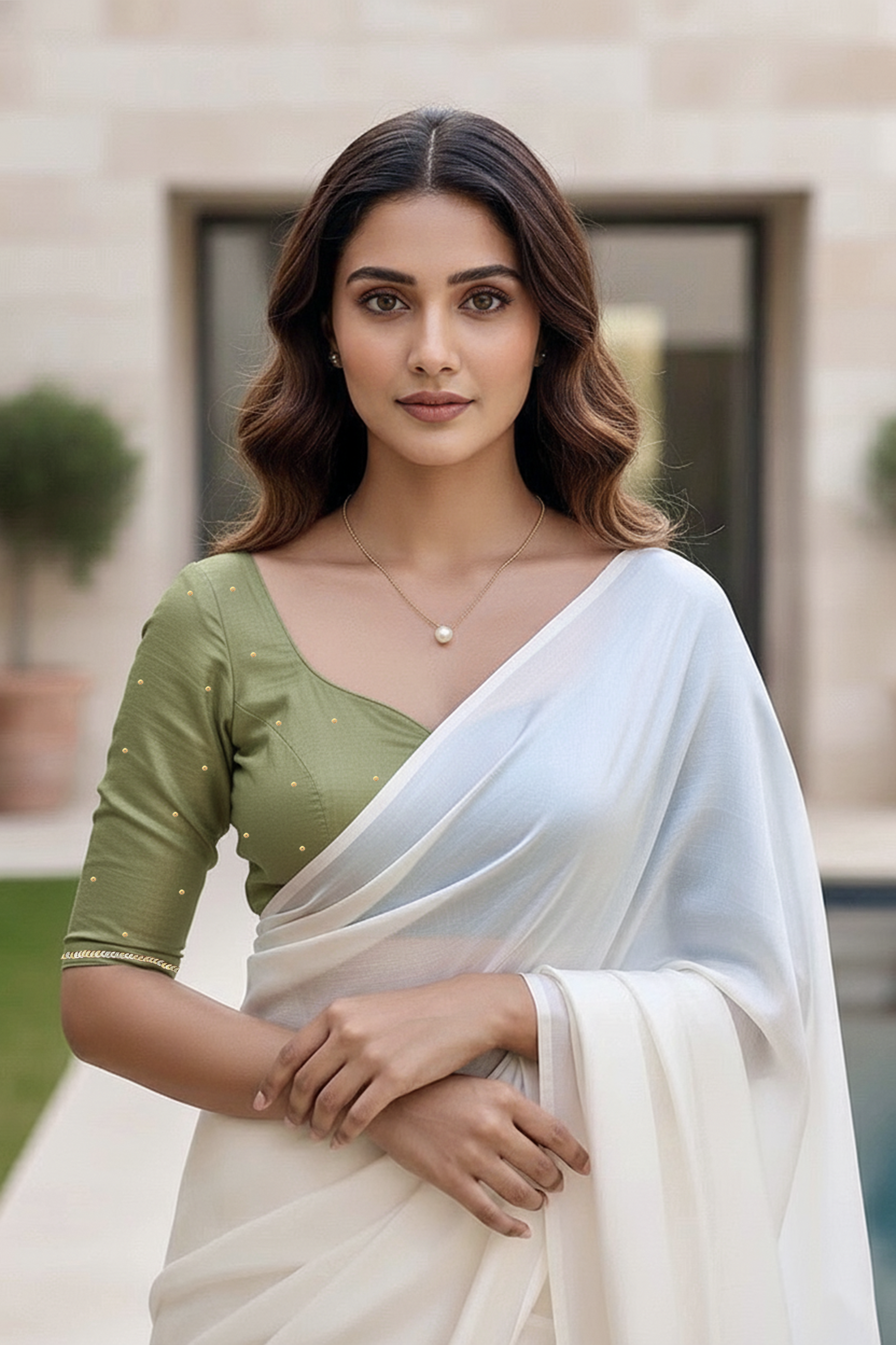Woman wearing a green blouse and white saree with a blurred background. Product by Umaid Couture