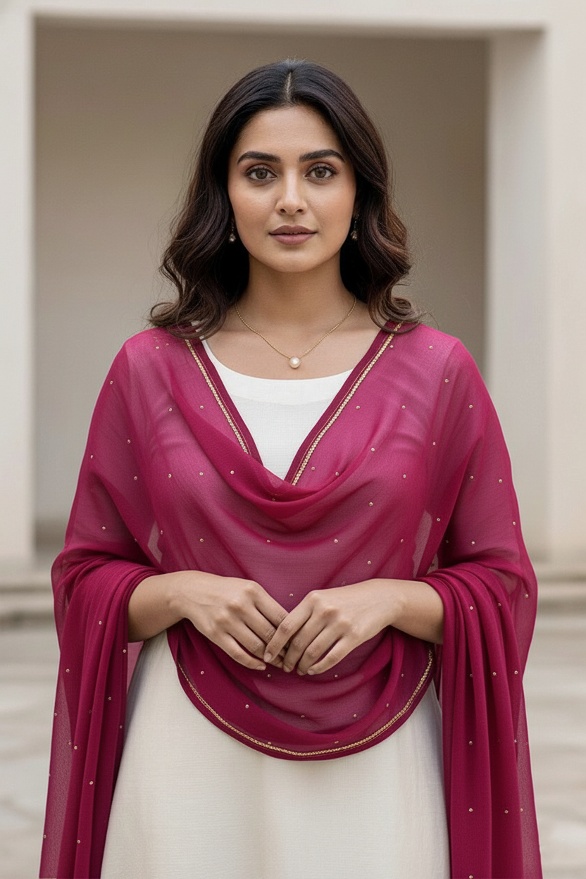 Woman wearing a pink dupatta over a white outfit with a neutral background. Product by Umaid Couture.