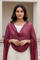 Woman wearing a burgundy scarf over a white top in an outdoor setting. Product by Umaid Couture.