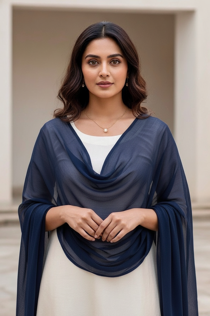 Woman wearing a navy blue scarf over a white top and skirt, standing against a neutral background.. Product by Umaid Couture