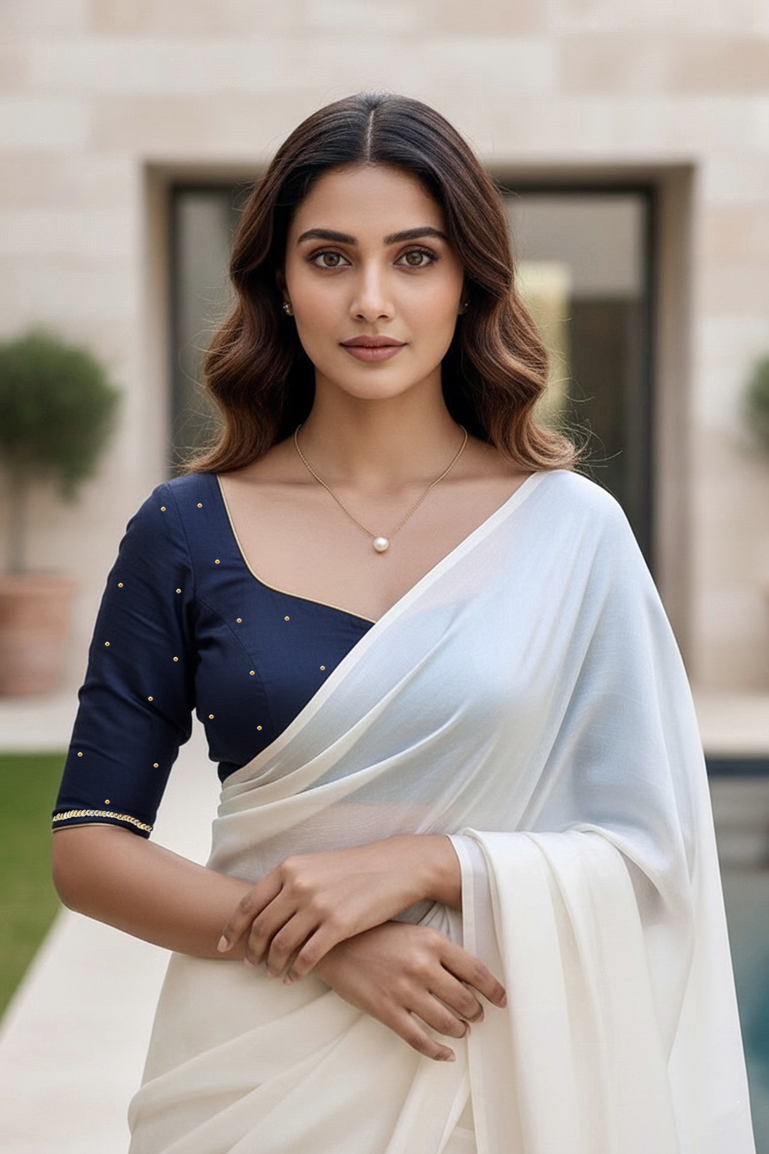 Woman wearing a navy blue blouse and white saree outdoors. product by Umaid Couture