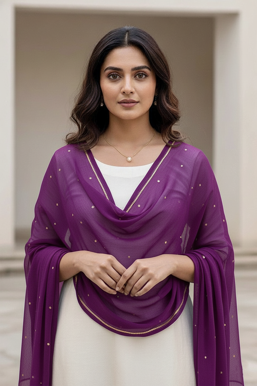 Woman wearing a purple scarf with a neutral background. Product by Umaid Couture.