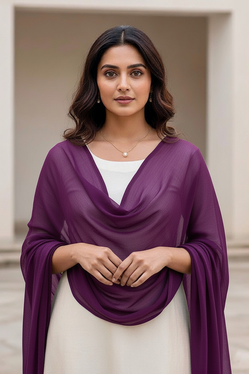 Woman wearing a purple scarf over a white top with a neutral background. Product by Umaid Couture.