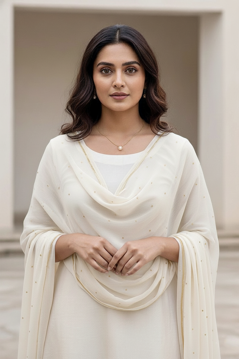 Woman wearing a white traditional outfit with a beige scarf against a neutral background. Product by Umaid Couture.