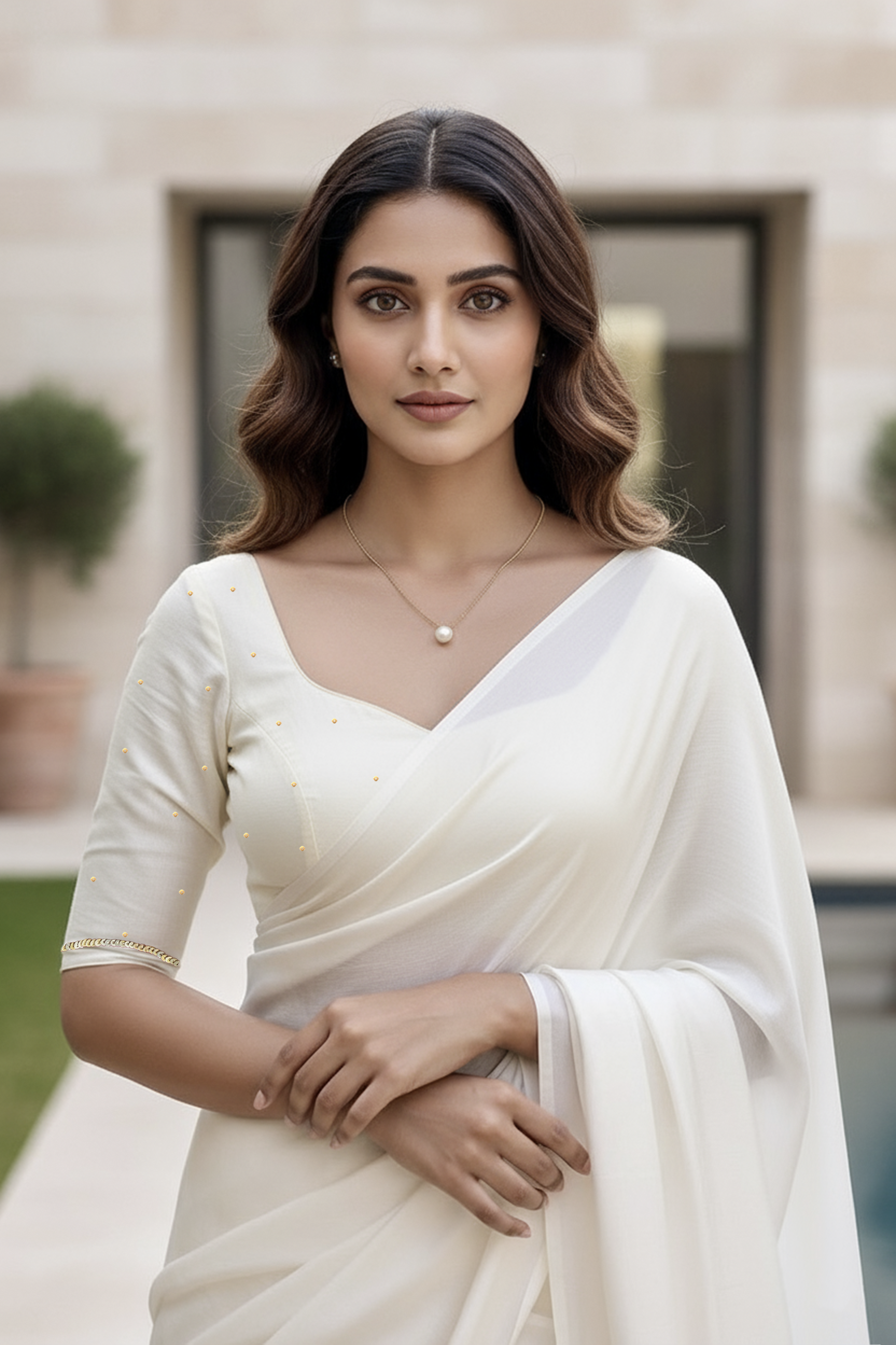Woman in an off white blouse with white saree standing outdoors with a blurred background. Product by Umaid Couture