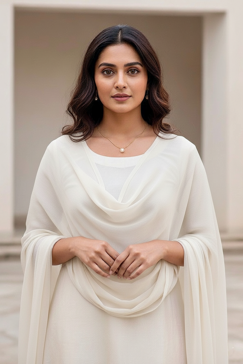 Woman wearing a white draped garment against a neutral background. Product by Umaid Couture.