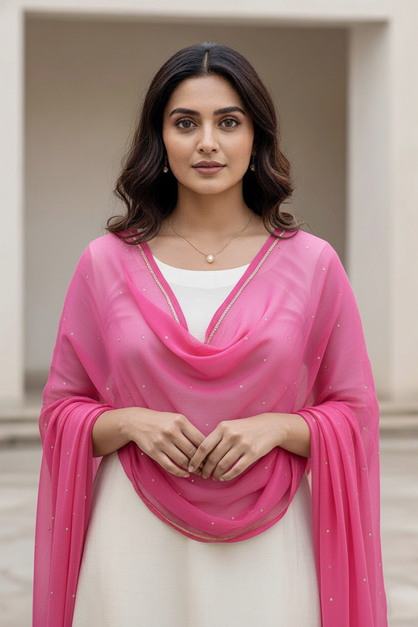 Woman wearing a pink scarf over a white outfit with a neutral background.product by Umaid Couture.