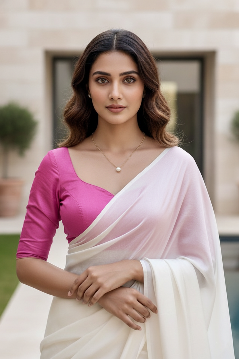 Woman wearing a pink blouse and white saree outdoors. product by Umaid Couture