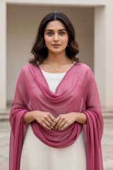 Woman wearing a pink scarf over a white top in an outdoor setting.product by Umaid Couture.