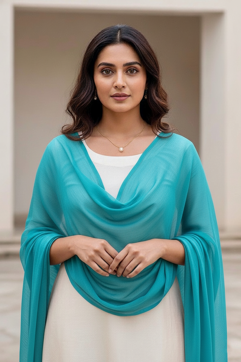 Woman wearing a turquoise scarf over a white top and skirt, standing against a neutral background. Product by Umaid Couture.