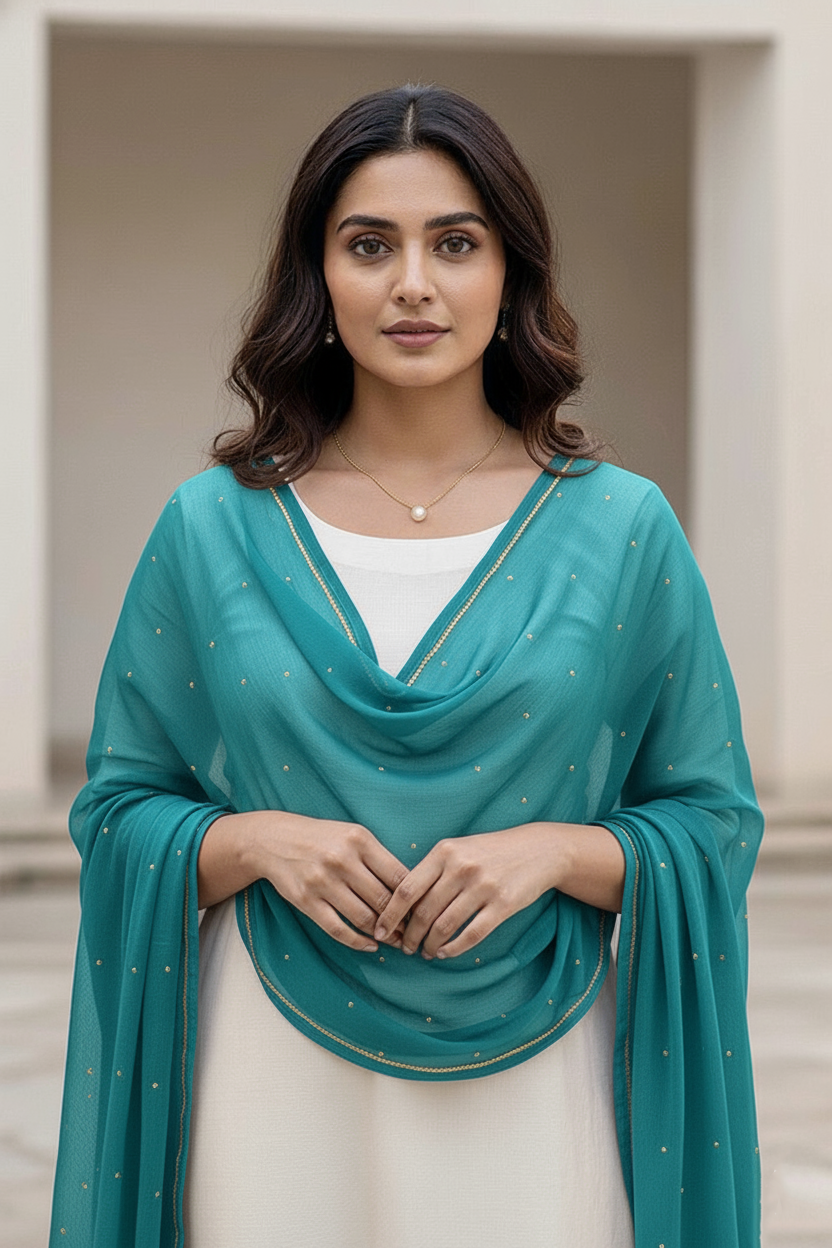 Woman wearing a teal scarf with a neutral background. Product by Umaid Couture.