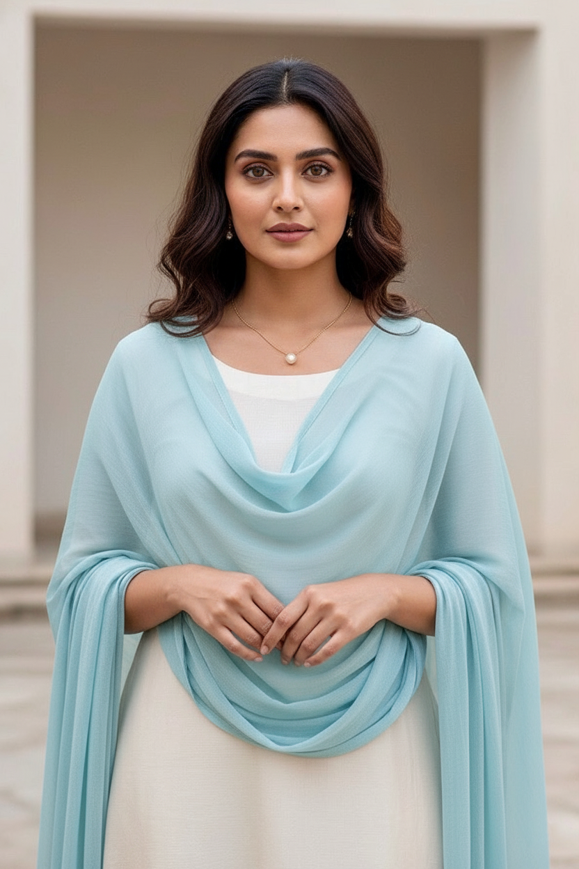 Woman wearing a light blue scarf over a white top, standing against a neutral background. Product by Umaid Couture