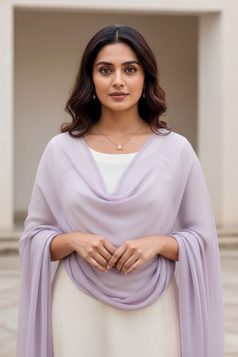 Woman wearing a light purple scarf over a white outfit with a neutral background. Product by Umaid Couture