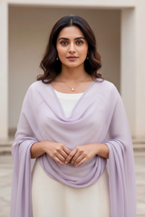Woman wearing a light purple scarf over a white outfit with a neutral background. Product by Umaid Couture