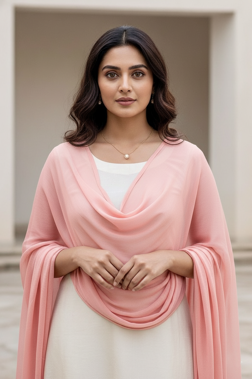 Woman wearing an orange scarf over a white top by Umiad Couture with a neutral background