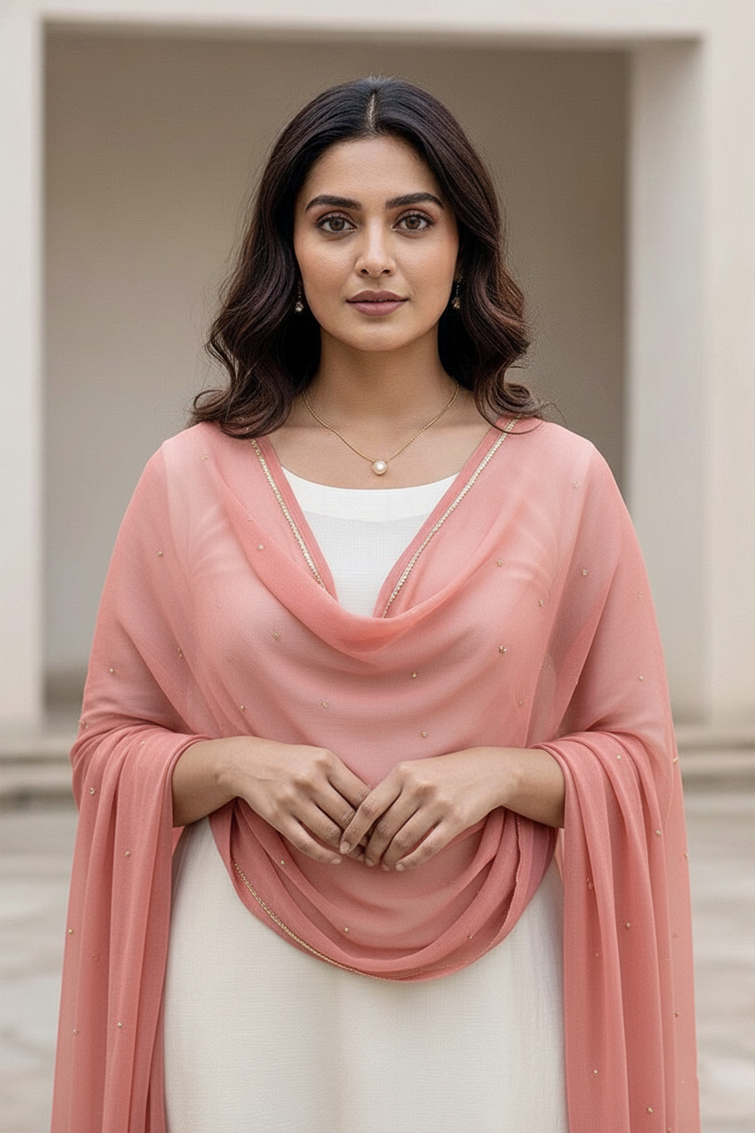 Woman wearing a dupatta over a white outfit by Umiad Couture with a neutral background