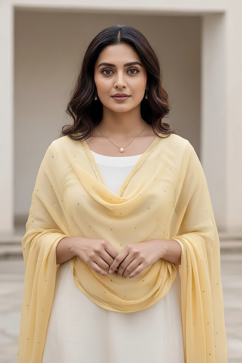 Woman wearing a dupatta over a white outfit by Umiad Couture with a neutral background