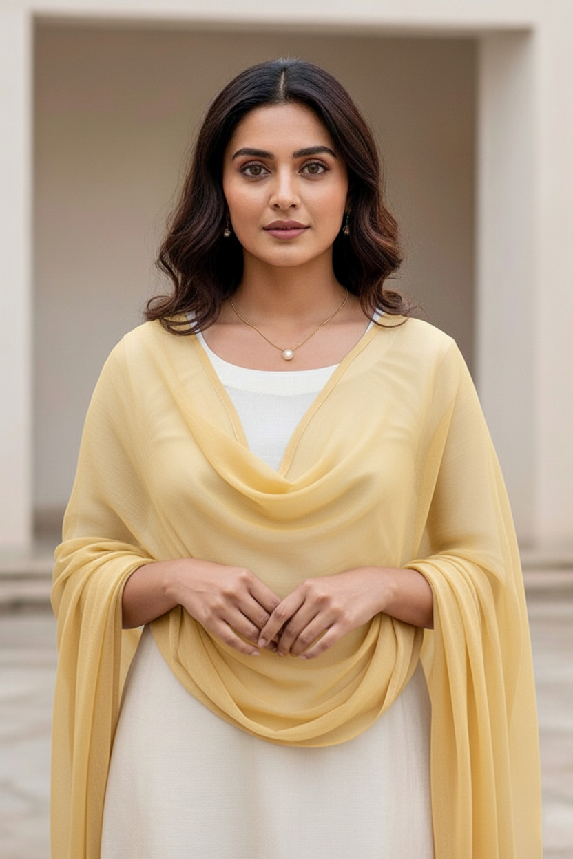 Woman wearing a dupatta over a white outfit by Umiad Couture with a neutral background
