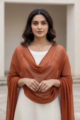 Woman wearing a rust-colored scarf over a white outfit with a neutral background. product by Umaid Couture