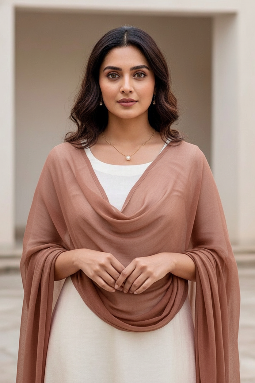 Woman wearing a brown scarf over a white top with a neutral background. Product by Umaid Couture