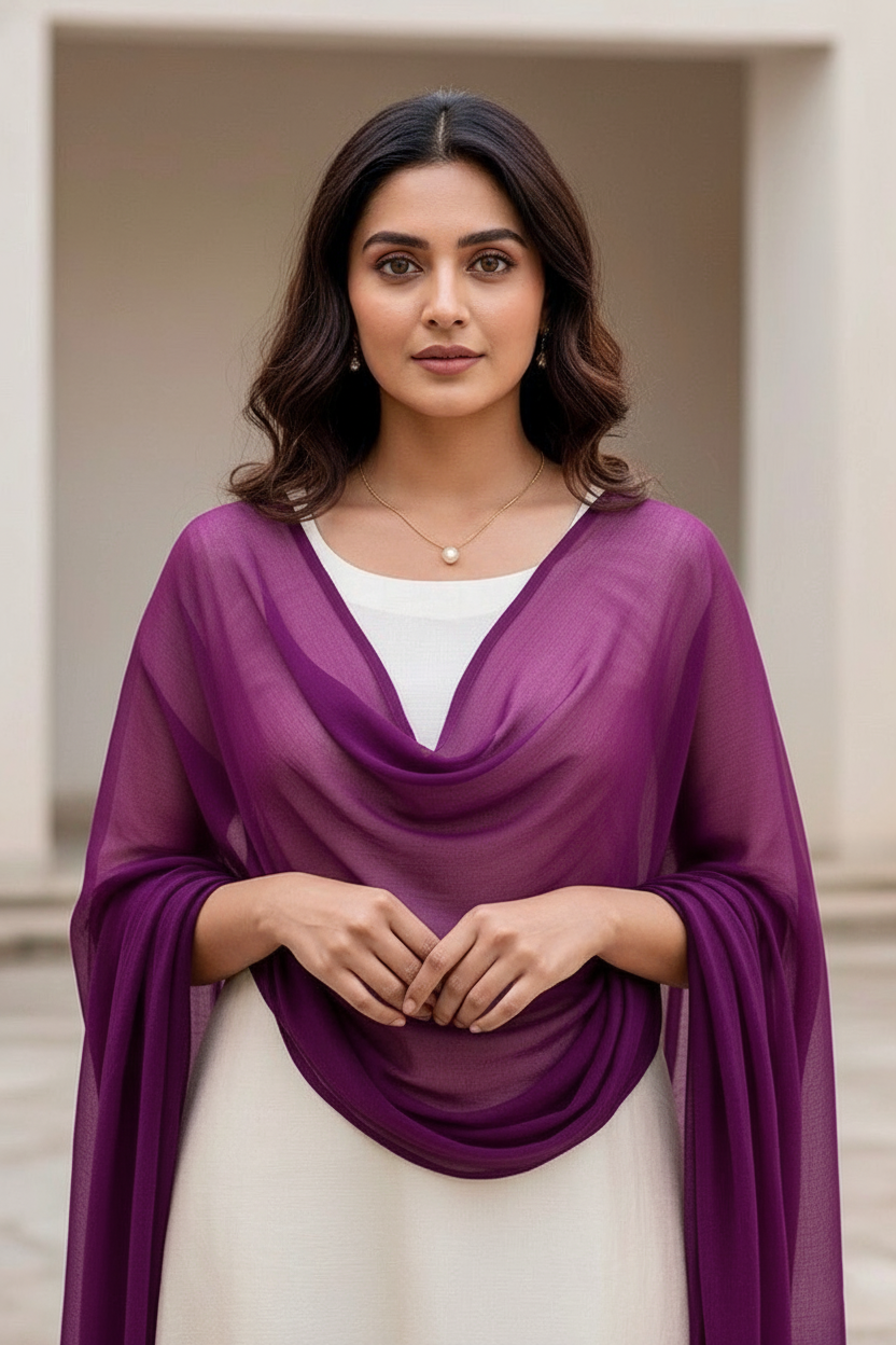 Woman wearing a purple scarf over a white top and skirt, standing against a neutral background. Product by Umaid Couture