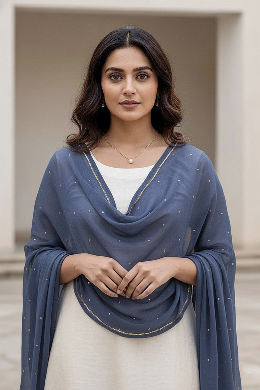 Woman wearing a blue scarf over a white top in an outdoor setting. Product by Umaid Couture.